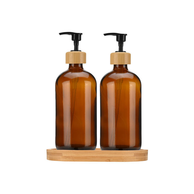 Picture of SOAP DISPENSERS BAMBOO ESSENTIALS GLASS 500ml SET 3 PCS. WITH BAMBOO TRAY